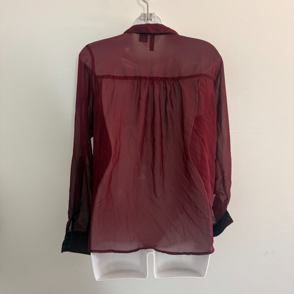 Full Tilt Sheer Burgundy Button-Down Blouse | Size M - Picture 3 of 10